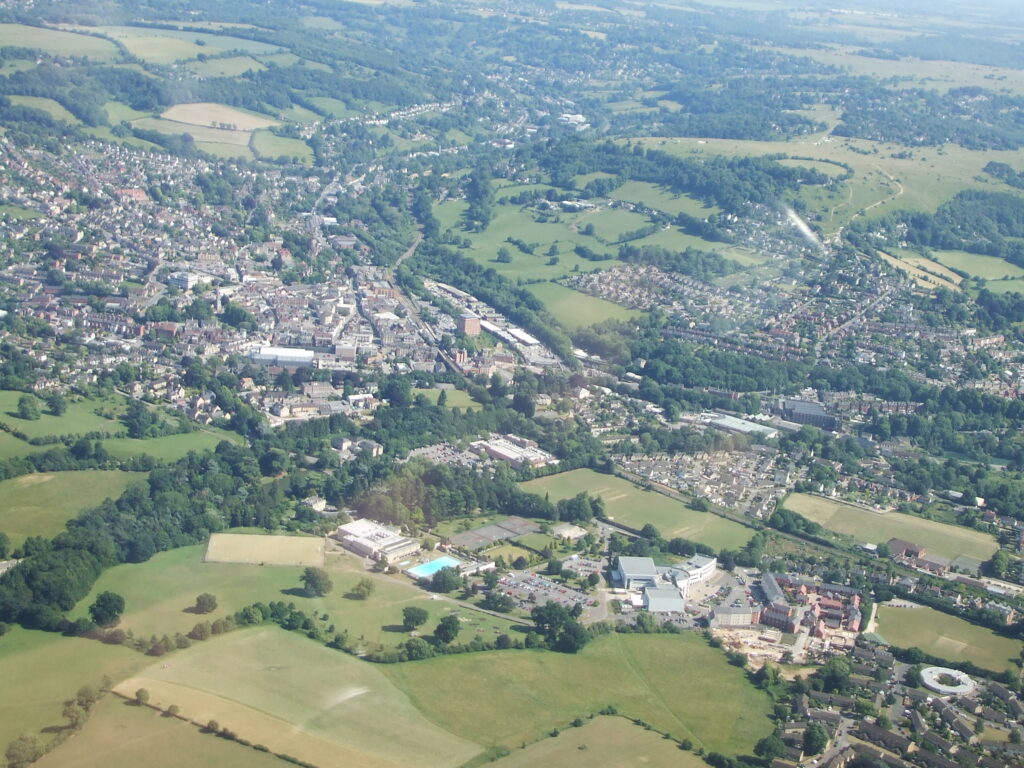 Aerial view across Stroud and the Five Valleys